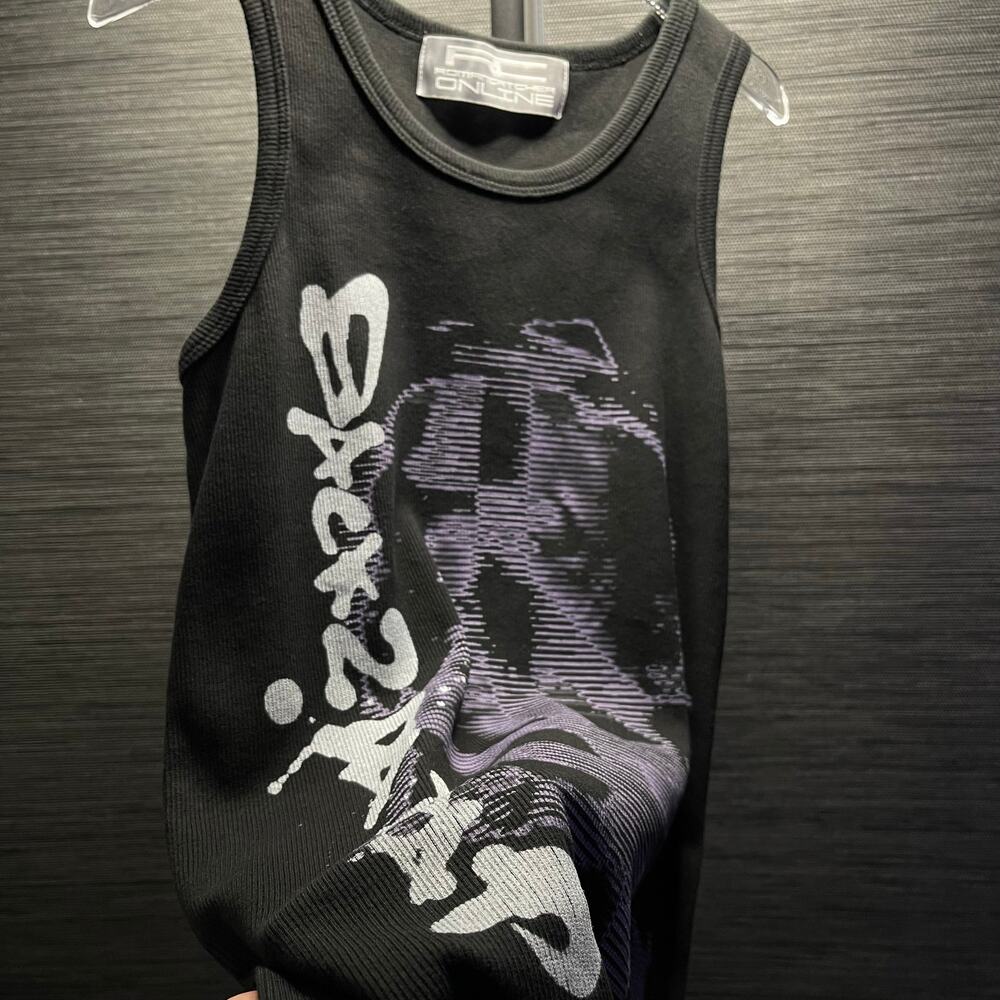 Japanese Cracked Graphic Print Purple Black Thermal Tank Top Wifebeater Shirt- M